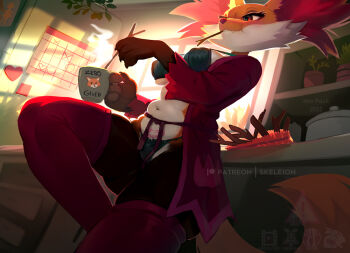 1girl animal_ear_fluff animal_ears animal_hands animal_nose artist_name backlighting bathrobe black_fur blue_bra blue_panties blush body_fur bra breasts calendar_(object) claws closed_mouth cooking_pot covered_erect_nipples cowboy_shot cropped_legs cup dated day delphox drink english_text fang fang_out female_focus fox_ears fox_girl fox_tail furry furry_female gen_6_pokemon half-closed_eyes hands_up heart holding holding_cup holding_drink holding_stick indoors kitchen leg_up long_sleeves mature_female medium_breasts mouth_hold mug multicolored_fur navel nintendo open_clothes open_robe panties patreon_logo patreon_username plant pokemon pokemon_(creature) potted_plant pubic_tattoo pun purple_robe red_eyes red_fur red_thighhighs refrigerator robe sash skeleion skindentation snout solo standing standing_on_one_leg steam stick stirring stomach string_panties tail tattoo teeth thick_thighs thighhighs thighs underwear watermark white_fur window yellow_fur