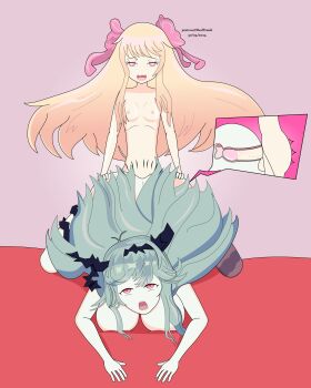 2girls aqua_hair bad_id bad_pixiv_id blonde_hair breasts chaos_aurora_(grimms_notes) chaos_marie_(grimms_notes) futanari grimms_notes long_hair multiple_girls on_bed open_mouth redfrank sex smile