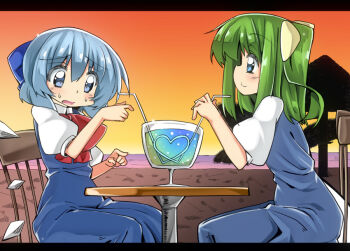 2girls ase_(nigesapo) beach blue_eyes blue_hair blush bow chair cirno d: daiyousei dating dress drink fairy_wings green_hair hair_bow heart ice ice_wings letterboxed long_dress low_wings multiple_girls on_chair open_mouth pointing puffy_short_sleeves puffy_sleeves shared_straw short_hair short_sleeves side_ponytail sitting smile sweatdrop table touhou wings yuri