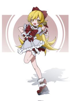 :d ankle_cuffs artist_name bare_legs black_shirt blonde_hair blush_stickers border bow brown_background choker circle commentary_request criss-cross_halter cropped_jacket dot_nose fang flat_chest flipped_hair frilled_choker frilled_cuffs frilled_skirt frilled_wrist_cuffs frills from_side full_body grey_jacket grey_overskirt hair_between_eyes hair_bow hair_flaps halterneck hand_on_own_hip hand_up heart heart_o-ring highres holding holding_microphone idol_clothes index_finger_raised jacket jacket_bow leg_up long_hair looking_at_viewer microphone midriff_peek monogatari_(series) myuga66666 o-ring open_mouth oshino_shinobu outside_border platform_shoes pointy_ears puffy_short_sleeves puffy_sleeves red_bow red_nails red_shoes ribbon-trimmed_sleeves ribbon_trim ringed_eyes shadow shirt shoes short_sleeves skirt smile standing standing_on_one_leg v-shaped_eyebrows very_long_hair white_border white_skirt wrist_cuffs