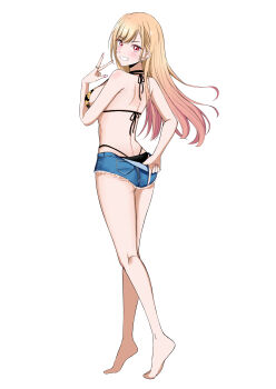 Rule 34 | 1girl, absurdres, ass, barefoot, batto neko, bikini, black bikini, blonde hair, breasts, clothes pull, commentary request, denim, denim shorts, earrings, from behind, full body, gradient hair, highres, jewelry, kitagawa marin, looking at viewer, looking back, medium breasts, multicolored hair, pink nails, red eyes, ring, short shorts, shorts, shorts pull, simple background, solo, sono bisque doll wa koi wo suru, swimsuit, white background