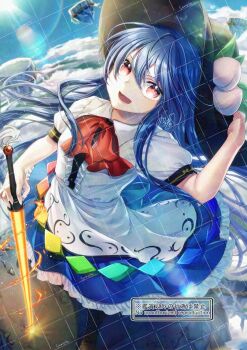 1girl alto2019 apron black_hat blue_hair blue_skirt blue_sky bow bowtie center_frills cloud commentary_request commission day frilled_skirt frills fruit_hat_ornament hand_on_headwear hat hat_ornament highres hinanawi_tenshi leaf_hat_ornament lens_flare long_hair looking_at_viewer open_mouth peach_hat_ornament puffy_short_sleeves puffy_sleeves rainbow_order red_bow red_bowtie red_eyes sample_watermark shirt short_sleeves signature skirt sky smile solo sword_of_hisou touhou very_long_hair waist_apron watermark watermark_grid white_apron white_shirt