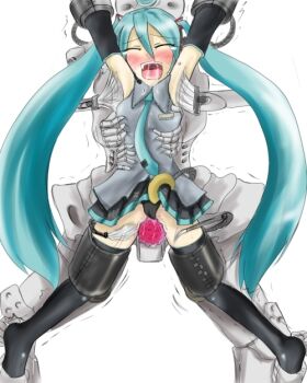 1girl aqua_hair armpits bdsm black_thighhighs blush bondage bound brush closed_eyes hatsune_miku long_hair machine necktie pain panties saliva sex_toy simple_background skirt thighhighs tickle_torture tickling torture twintails underwear vibrator vocaloid white_background zettai_ryouiki