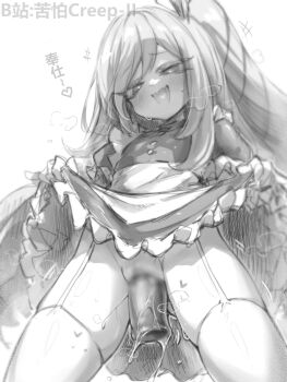 1girl bilibili_username blur_censor censored character_request chinese_text clothes_lift commentary_request dildo duel_monster greyscale highres kupa_(jesterwii) lifting_own_clothes loli long_hair monochrome object_insertion paid_reward_available sex_toy solo thighhighs translation_request vaginal vaginal_object_insertion yu-gi-oh!