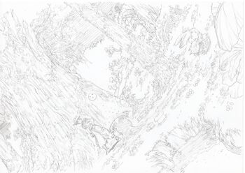 1boy absurdres ark_(tenchi_souzou) baggy_pants carnivorous_plant commentary_request dutch_angle forest fujiwara_kamui grass greyscale headband highres male_focus monochrome mushroom nature outdoors pants plant scenery short_hair short_sleeves sketch solo spiked_hair standing tenchi_souzou tree unfinished wide_shot