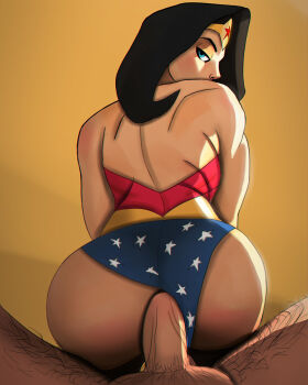 1girl anal ass bare_shoulders batman black_hair blue_eyes bodysuit bruce_wayne clothing_aside dc_comics diana_prince highres huge_ass large_penis leg_hair leotard long_hair looking_at_viewer muscular muscular_female panties panties_aside penis princess_diana_of_themyscira riding spread_legs superhero_costume tiara underwear uniform wonder_woman wonder_woman_(series)