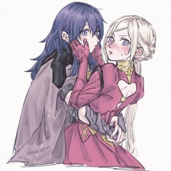 2girls arm_guards arms_around_waist back_cutout blue_eyes blue_hair blush female_byleth_(fire_emblem) clothing_cutout couple edelgard_von_hresvelg fire_emblem fire_emblem:_three_houses hands_on_another's_face ichi27ichi imminent_kiss interrupted looking_at_viewer multiple_girls nintendo purple_eyes simple_background sweat upper_body white_hair yuri