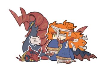 1girl arthropod_girl blue_dress centipede_girl crossover double_bun dress e.g.o_(project_moon) full_body gen_5_pokemon hair_bun hand_up hundred-footed_death_maggot_(e.g.o) ishmael_(project_moon) kgdjeisk limbus_company long_hair nintendo ofuda orange_hair pokemon pokemon_(creature) project_moon scolipede sidelocks sleeves_past_fingers sleeves_past_wrists solo speech_bubble venipede very_long_hair zzz