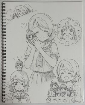 &gt;_o 2girls :d ;) ahoge blush box braid character_doll commentary doll doll_on_head facing_viewer graphite_(medium) greyscale highres holding holding_box holding_doll honochikacchi looking_at_viewer love_live! love_live!_sunshine!! medium_hair mikan_box monochrome multiple_girls multiple_views neckerchief nesoberi one_eye_closed open_mouth puffy_short_sleeves puffy_sleeves sailor_collar salute school_uniform short_sleeves side_braid sketchbook smile speech_bubble split_mouth summer_uniform symbol-only_commentary takami_chika teeth thought_bubble tie_clip too_many_dolls traditional_media under_covers upper_teeth_only uranohoshi_school_uniform watanabe_you