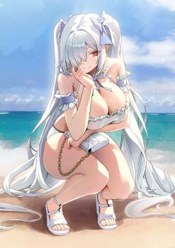 1girl absurdres beach blue_sky breasts cinderella_(nikke) cleavage day finger_to_cheek goddess_of_victory:_nikke grey_hair hallo_(rltkdydrltk) highres horizon long_hair looking_at_viewer ocean red_eyes sand sandals sky smile solo squatting very_long_hair water