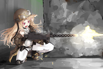 1girl absurdres bare_shoulders blonde_hair brown_jacket browning_m1919 casing_ejection commission firing girls&#039;_frontline gun gunslinger_girl hair_ornament hairclip helmet highres holding holding_gun holding_weapon jacket leggings leotard m1919a4_(girls&#039;_frontline) m1919a4_(mod3)_(girls&#039;_frontline) machine_gun medium_machine_gun muzzle_flash on_one_knee open_mouth pixiv_commission pose_imitation red_eyes shell_casing solo squatting teeth weapon white_leggings zafuri_(yzrnegy) zipper