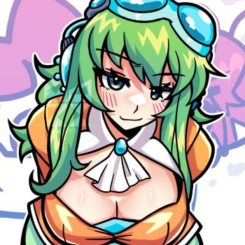 Rule 34 | blush, bra, breasts, cleavage cutout, closed mouth, clothing cutout, goggles, goggles on head, green hair, gumi, gumi (v3 megpoid), gumi (vocaloid6), hair half over shoulder, hair over eyes, half-closed eyes, headphones, headshot, looking at viewer, looking up, medium hair, megpoid, multicolored eyes, orange shirt, seductive smile, shirt, smile, solo, underwear