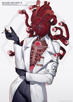 1boy absurdres arm_up armband black_gloves body_horror cigarette commentary cowboy_shot crrn english_commentary english_text extra_eyes gloves heart_(organ) highres holding holding_cigarette lab_coat male_focus ribs scp_foundation semi-rimless_eyewear solo spine tentacle_hair white_armband white_background