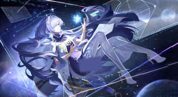 absurdres breasts censored dress earrings full_body grey_hair hair_ornament hair_over_one_eye halo hand_up high_heels highres holographic_interface id_card jacket jewelry long_hair mornye_(wuthering_waves) parted_lips purple_dress red_eyes see-through_body small_breasts space triangle_earrings white_jacket wuthering_waves zhaoshaomaotuizi