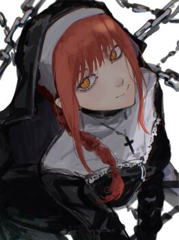 1girl alternate_costume black_dress braid chain chainsaw_man closed_mouth cross cross_necklace dress highres jewelry kohaa_ku long_hair makima_(chainsaw_man) necklace nun red_hair ringed_eyes smile solo white_background yellow_eyes