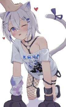 1girl 1other :3 absurdres all_fours amane_kanata amane_kanata_(cutesy_punk) angel animal_ear_fluff animal_ears asymmetrical_legwear badao black_choker blue_hair blush cat_choker cat_ears cat_tail choker commentary_request fishnets hair_ornament hand_warmer headpat heart highres hololive leg_warmers legband official_alternate_costume one_eye_closed purple_eyes shirt simple_background slit_pupils tail tail_ornament tongue tongue_out virtual_youtuber white_hair white_shirt x_hair_ornament