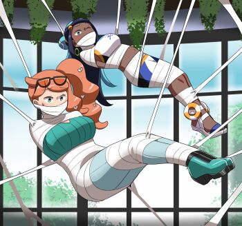 arms_behind_back bdsm belly blindfold bondage bound bound_arms bound_legs gag gagged highres imbsengirl midriff mummification_(bound) navel nessa_(pokemon) nintendo one_eye_closed pokemon pokemon_(creature) pokemon_swsh restrained shibari silk sonia_(pokemon) spider_web stomach struggling