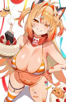Rule 34 | 1girl, absurdres, animal ear fluff, animal ears, antenna hair, artist request, balloon, bandaid, bandaid on leg, bandana, bandana around neck, bikini, birthday, black gloves, blunt bangs, blurry, blurry foreground, blush, bracelet, braid, breasts, cake, cat ears, cleavage, collarbone, commentary, depth of field, ebiko (vtuber), english commentary, food, fruit, gloves, gradient hair, groin, hair intakes, hair ornament, hairclip, heart, heart-shaped bandaid, heart hair ornament, highres, indie virtual youtuber, jewelry, large breasts, long hair, looking at viewer, middle finger, multicolored hair, name tag hair ornament, navel, orange bikini, orange eyes, orange hair, orange thighhighs, paw print, pubic tattoo, razor blade hair ornament, red bandana, red hair, second-party source, simple background, single thighhigh, skull and crossbones, smirk, solo, standing, star (symbol), star sticker, sticker, strawberry, streaked hair, streamers, string bikini, striped bikini, striped clothes, striped ears, striped thighhighs, sunglasses, swimsuit, tattoo, thigh strap, thighhighs, two side up, very long hair, virtual youtuber, whipped cream, white background, white thighhighs