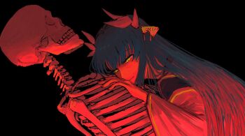 1473ex 1girl aqua_hair black_background bone dark dragon_girl dragon_horns fate/grand_order fate_(series) highres horns japanese_clothes kimono kiyohime_(fate) long_hair multiple_horns red_theme simple_background skeleton skull yellow_eyes
