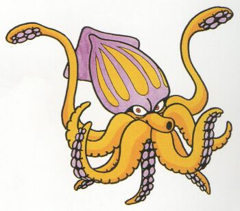 colored_skin creature creature_focus dragon_quest kraken monster monster_focus no_humans official_art purple_skin red_eyes scan squid tentacles tentacular_(dragon_quest) third-party_source toriyama_akira white_background yellow_skin