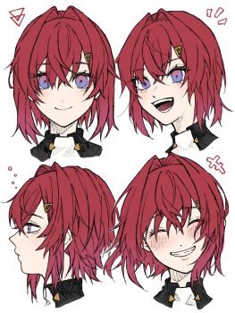 +++ 1girl :d ^_^ ange_katrina ange_katrina_(1st_costume) blue_eyes blush closed_eyes closed_mouth commentary crossed_bangs gradient_eyes grin hair_between_eyes hair_intakes hair_ornament hatching_(texture) head_tilt highres medium_hair multicolored_eyes multiple_expressions multiple_views nijisanji notice_lines open_mouth portrait purple_eyes red_hair simple_background smile squeans symbol-only_commentary triangle_hair_ornament ume_aji virtual_youtuber white_background