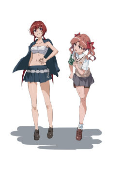 2girls absurdres alternate_height anime_coloring armband bow breasts brown_eyes brown_hair brown_shoes brown_sweater_vest chest_sarashi ci31205 collared_shirt commentary_request green_armband grey_skirt hair_bow hand_on_own_hip height_difference height_switch highres index_finger_raised jacket jacket_on_shoulders judgement_armband_(toaru) kirigaoka_girls&#039;_academy_school_uniform lecturing loafers long_hair low_twintails medium_breasts midriff miniskirt multiple_girls musujime_awaki navel official_style open_clothes open_jacket open_mouth parted_lips pleated_skirt red_bow red_eyes red_hair sarashi school_emblem school_uniform shirai_kuroko shirt shoes short_sleeves skirt smile standing standing_on_one_leg stomach summer_uniform sweater_vest toaru_kagaku_no_railgun toaru_majutsu_no_index tokiwadai_school_uniform twintails v-neck very_long_hair white_background white_shirt