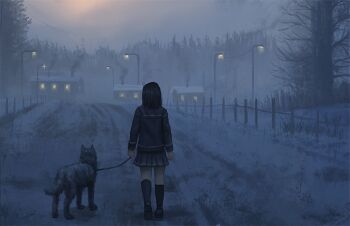 1girl ame_sagari black_hair black_socks blue_sailor_collar blue_serafuku blue_shirt blue_skirt blue_sleeves brown_shoes cabin cloud cloudy_sky collared_shirt commentary dog fence fog from_behind full_body holding holding_leash husky kneehighs lamppost leash long_sleeves medium_hair miniskirt original outdoors path pet_walking pleated_skirt road sailor_collar scenery school_uniform serafuku shirt shoes skirt sky smoke snow socks solo sun sunrise tree uwabaki winter