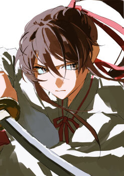 Rule 34 | 1girl, 333takoyaki, absurdres, brown eyes, brown hair, closed mouth, commentary request, fighting stance, hair ribbon, high ponytail, highres, holding, holding sword, holding weapon, japanese clothes, jigokuraku, katana, kimono, long hair, neck ribbon, ponytail, red ribbon, ribbon, simple background, solo, sword, upper body, v-shaped eyebrows, weapon, white background, white kimono, yamada asaemon sagiri