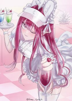 1girl absurdres animal_ears baobhan_sith_(fate) blush breasts dress fate/grand_order fate_(series) food goma_hyoka grey_eyes hat highres ice_cream leaning_forward long_hair looking_at_viewer one_eye_closed pink_hair pointy_ears rabbit_ears sidelocks smile solo sundae visor_cap white_dress white_hat