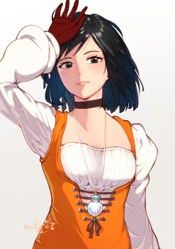 1girl black_hair bodysuit chienon choker closed_mouth final_fantasy final_fantasy_ix garnet_til_alexandros_xvii gloves highres jewelry lips long_sleeves looking_at_viewer necklace orange_bodysuit puffy_sleeves short_hair simple_background solo white_background