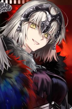 Rule 34 | 1girl, armor, armored dress, black cloak, black dress, breasts, chain, cloak, collar, commentary request, dress, fate/grand order, fate (series), fur-trimmed cloak, fur trim, grey hair, headpiece, highres, jeanne d'arc alter (avenger) (fate), jeanne d'arc alter (fate), large breasts, looking at viewer, metal collar, open mouth, plackart, poppoman, short hair, smile, solo, yellow eyes