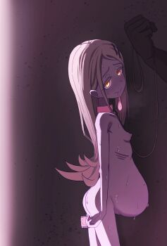 1boy 1girl absurdres animal_collar arms_at_sides ass blonde_hair breasts closed_mouth collar completely_nude condom condom_in_mouth cowboy_shot dark-skinned_male dark_skin eyelashes from_side glowing glowing_eyes hetero highres idolmaster interracial leash loli long_hair looking_at_viewer looking_to_the_side mind_break misaia mouth_hold naughty_face nervous nervous_smile nipples nude pink_collar pregnant_loli ribs shinosawa_hiro simple_background slave small_breasts smile standing used_condom very_dark_skin yellow_eyes