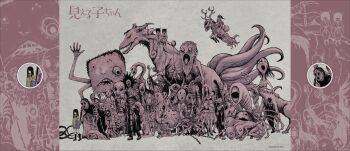 1girl absurdres bad_teeth bag black_hair breasts closed_mouth cover cover_page decay ghost greyscale highres izumi_(toubun_kata) long_hair long_sleeves manga_cover mieruko-chan monochrome monster necktie open_mouth pleated_skirt scared school_bag school_uniform shirt shoulder_bag simple_background skirt socks sweater upper_body yellow_eyes