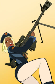 Rule 34 | 1girl, absurdres, blonde hair, commentary, dark-skinned female, dark skin, english commentary, flcl, freckles, gradient background, gun, highres, holding, holding gun, holding weapon, kitsurubami, military uniform, open mouth, seth mcghee, short hair, solo, weapon