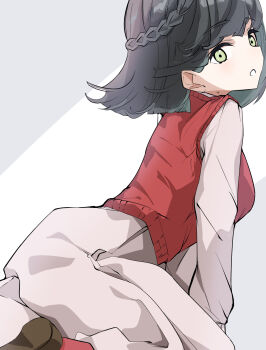 Rule 34 | 1girl, :o, black hair, braid, breasts, brown shoes, commentary, dress, green eyes, half up braid, highres, link! like! love live!, llb, long dress, long sleeves, looking at viewer, love live!, medium breasts, medium hair, momose ginko, momose ginko (hanamusubi casual), open mouth, red sweater vest, shoes, simple background, solo, sweater vest, virtual youtuber, white background, white dress