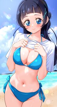 1girl absurdres aokaze_nana beach bikini blue_bikini blue_eyes blue_hair blue_sky blush breasts clothes_lift cloud cowboy_shot day highres horizon kakikakilemon kimi_to_idol_precure lifting_own_clothes lips long_hair looking_at_viewer medium_breasts ocean outdoors precure sand shirt_lift short_sleeves skirt sky swimsuit swimsuit_under_clothes water
