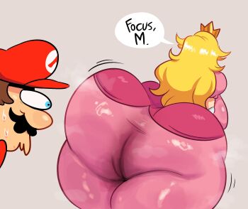 1boy 1girl andro_juniarto ass blonde_hair brown_hair crown focus,_m_(meme) hat highres huge_ass long_hair mario mario_(series) meme nintendo princess_peach simple_background