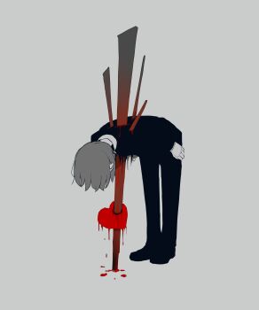 1boy absurdres apologizing avogado6 bent_over black_jacket black_pants bleeding blood business_suit commentary_request formal_clothes grey_background grey_hair heart_out_of_chest highres impaled jacket long_sleeves male_focus original pants simple_background solo spikes suit