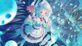 Rule 34 | 1girl, :d, ahoge, apron, black bow, black shoes, black skirt, blue bow, blue eyes, blue fire, blush, bow, candle, chair, chandelier, commentary request, detached sleeves, duster, fang, fire, frilled apron, frilled skirt, frills, ghost, gradient hair, green hair, green sleeves, grey hair, hair intakes, hair ornament, holding, ikari (aor3507), indie virtual youtuber, indoors, long sleeves, mint fantome, multicolored hair, official art, open mouth, pantyhose, sample watermark, shoes, skirt, smile, solo, table, virtual youtuber, watermark, white apron, white pantyhose, wide sleeves, x hair ornament