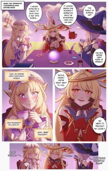 3girls alice_(genshin_impact) barbeloth_(genshin_impact) bare_shoulders blonde_hair blue_hat blush breasts clover_print commentary cowlick cup detached_sleeves english_commentary english_text genshin_impact hat highres long_hair multiple_girls nicole_(genshin_impact) open_mouth pointy_ears red_sleeves rod_nym short_hair side_ahoge smile tea tea_party teacup very_long_hair vision_(genshin_impact) witch_hat