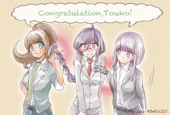 3359gxaq 3girls alternate_costume alternate_hairstyle asahina_aoi badge belt black_belt black_gloves blue_eyes blush braid breasts brown_hair character_name collared_shirt commentary_request congratulations danganronpa_(series) danganronpa_3_(anime) dark-skinned_female dark_skin dated diagonal-striped_background english_text eyelashes formal_clothes fukawa_toko glasses gloves green_necktie grey_jacket hair_between_eyes hand_on_own_hip holding_another&#039;s_hair jacket kirigiri_kyoko long_hair long_sleeves mole mole_under_mouth motion_lines multiple_girls necktie nervous_sweating open_clothes open_jacket ponytail purple_hair red_necktie shared_speech_bubble shirt sidelocks single_braid smile speech_bubble striped_background suit sweat tan teeth