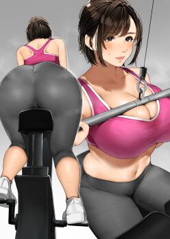 1girl ass bare_shoulders black_eyes black_hair blush breasts cleavage closed_mouth exercising exercise_bike from_behind gradient_background highres huge_breasts leaning_forward mature_female midriff multiple_views navel original pants pink_sports_bra sakura_no_tomoru_hi_e shoes short_hair sports_bra sweat swept_bangs white_footwear yoga_pants