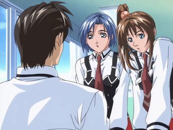 00s 1boy 2001 2girls animated animated_gif ass bible_black bible_black_night_of_the_walpulgiss blue_eyes blue_hair bow bowtie brown_hair classroom green_eyes hair_ornament imari_kurumi long_hair minase_taki multiple_girls murai_ayumi necktie red_bow red_bowtie red_skirt school_uniform shirt short_hair side_ponytail skirt tagme