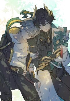 2boys aqua_belt aqua_coat armor belt black_coat black_gloves black_hair black_pants black_shirt caelus_(honkai:_star_rail) chinese_clothes closed_eyes closed_mouth coat collarbone commentary_request constellation_print crossed_arms dan_heng_(honkai:_star_rail) dan_heng_(permansor_terrae)_(honkai:_star_rail) dragon_boy dragon_horns dragon_tail earclip eyeliner feet_out_of_frame fingerless_gloves floral_background gauntlets gloves grey_belt grey_hair hair_between_eyes hand_on_own_stomach head_on_another&#039;s_shoulder highres honkai:_star_rail honkai_(series) hood hooded_coat horns lapels leaning_to_the_side makeup male_focus multiple_boys official_alternate_costume official_alternate_hairstyle open_clothes open_coat open_mouth pants pointy_ears red_eyeliner shadow shirt short_hair shoulder_armor single_gauntlet sitting sleeping t-shirt tail tassel thigh_strap tokofu_u trailblazer_(honkai:_star_rail) two-sided_coat two-sided_fabric watermark white_background white_coat white_shirt yaoi yellow_coat zipper