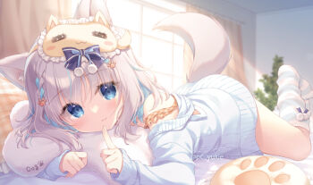 1girl animal_ear_fluff animal_ears bare_shoulders blue_bow blue_eyes blue_hair blue_jacket bow braid closed_mouth commentary_request copyright_request curtains day finger_to_mouth frilled_pillow frills grey_hair indoors jacket long_sleeves looking_at_viewer lying mask mask_on_head multicolored_hair no_shoes off_shoulder on_stomach open_clothes open_jacket pillow plaid_pillow puffy_long_sleeves puffy_sleeves shushing sleep_mask sleeves_past_wrists smile socks solo strap_slip streaked_hair striped_clothes striped_socks sunlight tail twitter_username two-tone_hair window yukie_(peach_candy)