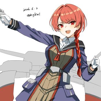 1girl :d absurdres bigkwl black_sailor_collar blush braid breasts collared_shirt commentary cowboy_shot dated_commentary dress gloves hair_intakes highres kantai_collection long_hair long_sleeves looking_at_viewer medium_breasts nevada_(kancolle) one-hour_drawing_challenge open_mouth orange_hair outstretched_arm purple_dress red_eyes rigging sailor_collar shirt simple_background single_braid smile solo twitter_username v-shaped_eyebrows white_background white_gloves white_shirt