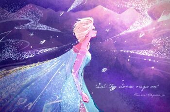 Rule 34 | 1girl, bare shoulders, black eyes, blonde hair, blue cape, blue dress, braid, cape, clenched hand, commentary, dress, elsa (frozen), english commentary, english text, facing to the side, frozen (disney), glass shards, gradient background, hair over shoulder, hair slicked back, highres, kyouno m, lips, long dress, long hair, looking to the side, looking up, low-tied long hair, off-shoulder dress, off shoulder, pink background, profile, purple background, red lips, see-through cape, see-through clothes, see-through sleeves, side slit, signature, single braid, smile, snowflakes, solo, sparkle, sparkling clothes, twitter username