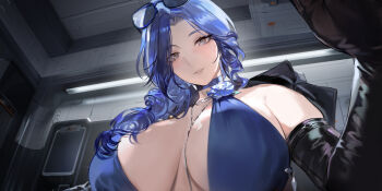 1girl absurdres black_gloves blue_choker blue_dress blue_eyes blue_flower blue_hair blue_rose breasts choker coat coat_on_shoulders dalanxia dp-12_(girls&#039;_frontline) dress elbow_gloves eyewear_on_head flower girls&#039;_frontline girls&#039;_frontline_2:_exilium gloves hair_over_shoulder headpat helen_(girls&#039;_frontline_2) helen_(starlit_waltz)_(girls&#039;_frontline_2) highres huge_breasts indoors jewelry long_hair looking_at_viewer necklace official_art pov rose smile sunglasses upper_body