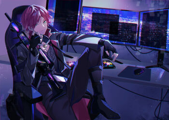 1boy black_gloves black_jacket black_pants boots computer_keyboard computer_mouse fingerless_gloves front_ponytail gloves green_eyes gun highres jacket lauren_iroas lauren_iroas_(1st_costume) long_hair male_focus monitor multiple_monitors nijisanji open_clothes open_jacket pants ponytail red_hair smile solo tomo7xxxx vertical_monitor virtual_youtuber weapon