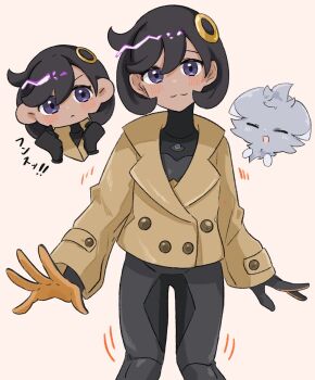 1girl black_bodysuit black_gloves black_hair blush bodysuit brown_jacket closed_eyes closed_mouth dark-skinned_female dark_skin emma_(pokemon) espurr gen_6_pokemon gloves hair_ornament highres jacket latex latex_bodysuit looking_at_viewer mega_stone nintendo open_mouth orange_gloves pokemon pokemon_(creature) pokemon_legends:_z-a purple_eyes ryokukoucha short_hair smile two-tone_gloves